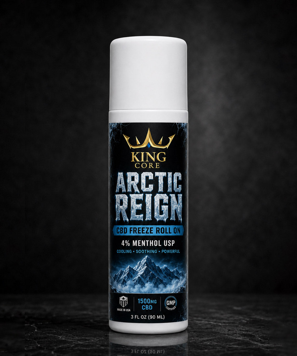 CBD freeze roll on bottle labeled 'Arctic Reign' by King Core on a dark background