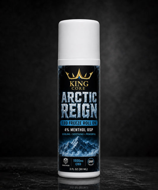 CBD freeze roll on bottle labeled 'Arctic Reign' by King Core on a dark background