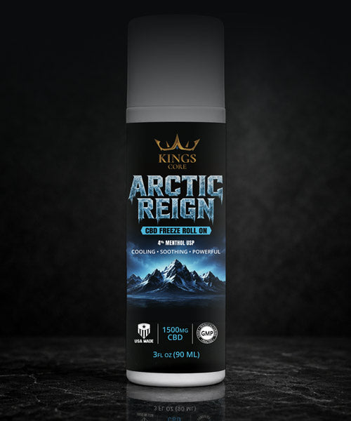 Kings Core Arctic Reign CBD freeze roll on bottle on a dark background