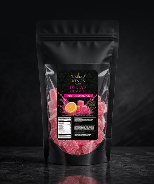Black packaging of King's Delta 8 Gummies Pink Lemonade on a dark background