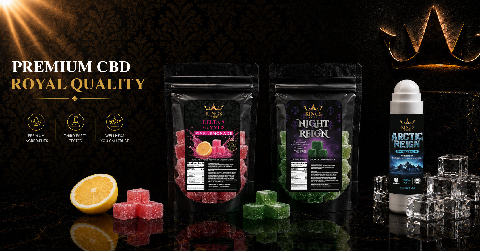 Premium CBD products including gummies and edibles on dark background.