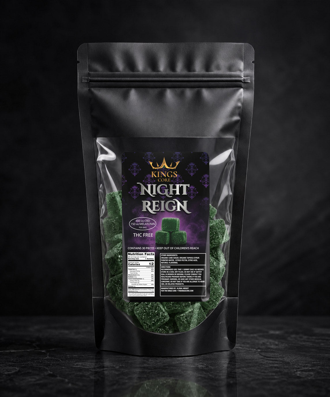 Black packaging of 'Night Reign' with green contents on a dark background