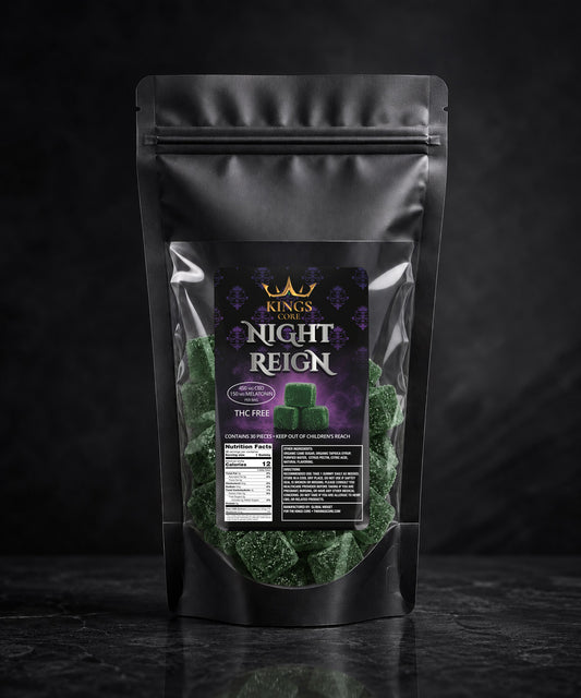 Black packaging of 'Night Reign' with green contents on a dark background